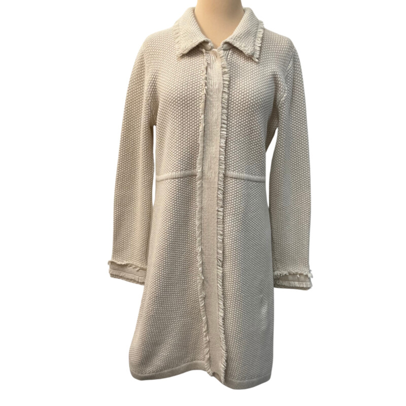 Boden Wool Fringed Cardigan<br />
Waffle Pattern<br />
Button Closure<br />
Color: Tan<br />
Size: Large