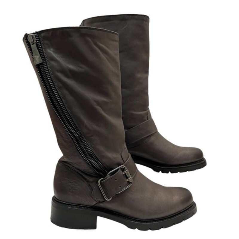 Frye Veronica Leather Boots<br />
Buckle Details<br />
Side Zip<br />
Color: Stone<br />
Size: 9