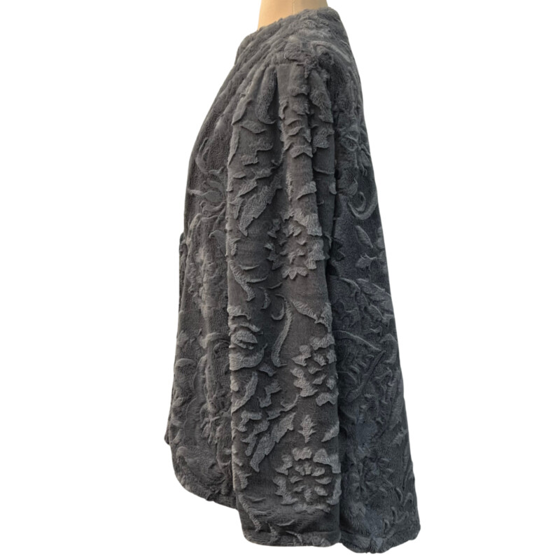 Handmade Textured Fleece Jacket<br />
Custom Made In Bellingham<br />
Floral Design Throughout<br />
Handmade Floral Button<br />
So Soft and Luxurious!<br />
Color: Gray<br />
Size: Large