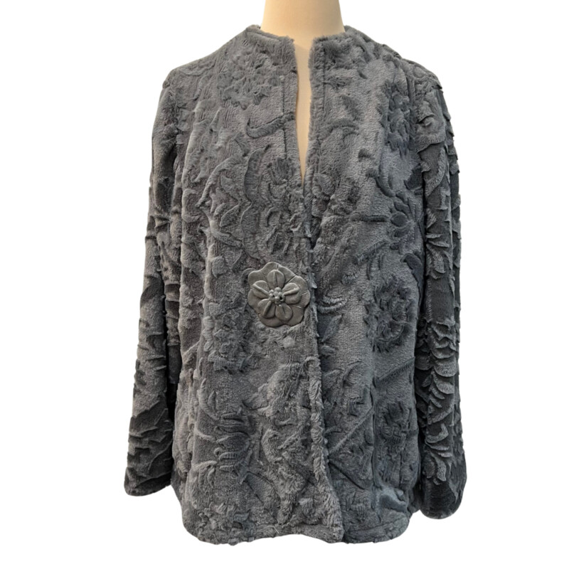 Handmade Textured Fleece Jacket<br />
Custom Made In Bellingham<br />
Floral Design Throughout<br />
Handmade Floral Button<br />
So Soft and Luxurious!<br />
Color: Gray<br />
Size: Large