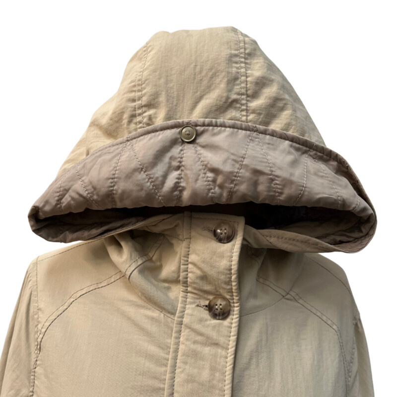 New Bench Warm Luxury Jacket<br />
Drawstring Waist<br />
Hood with Cute Watercolor Detail<br />
Zip and Button Closure<br />
Color: Khaki<br />
Size: Small