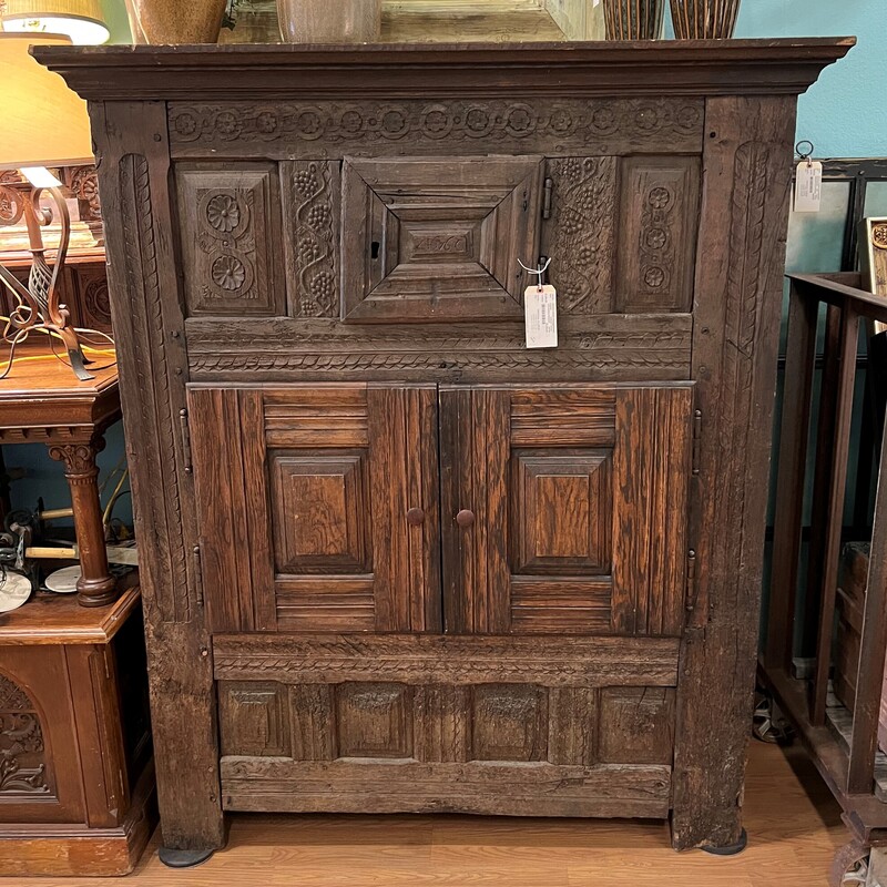 17th Century Cupboard, European, Carved
58in x 28in x 68in tall