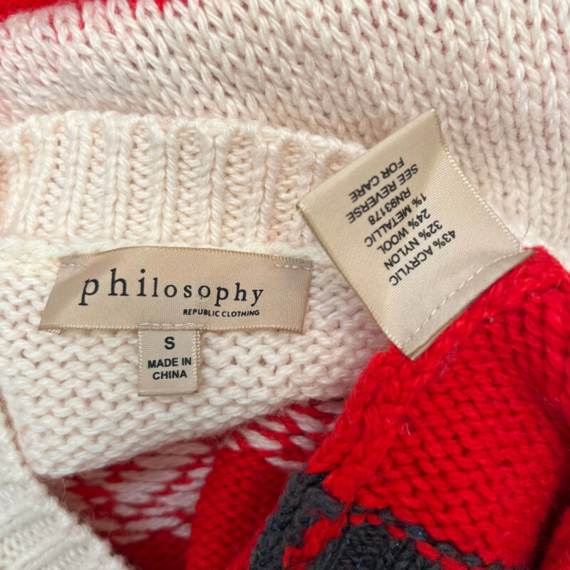 Philosophy Sweater<br />
Heart Knit that is Toooo Cute<br />
Wool Blend<br />
Colors:  Cream and Red<br />
Size: Small