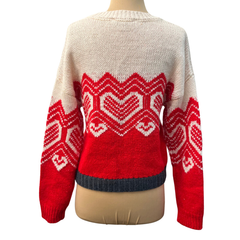 Philosophy Sweater<br />
Heart Knit that is Toooo Cute<br />
Wool Blend<br />
Colors:  Cream and Red<br />
Size: Small