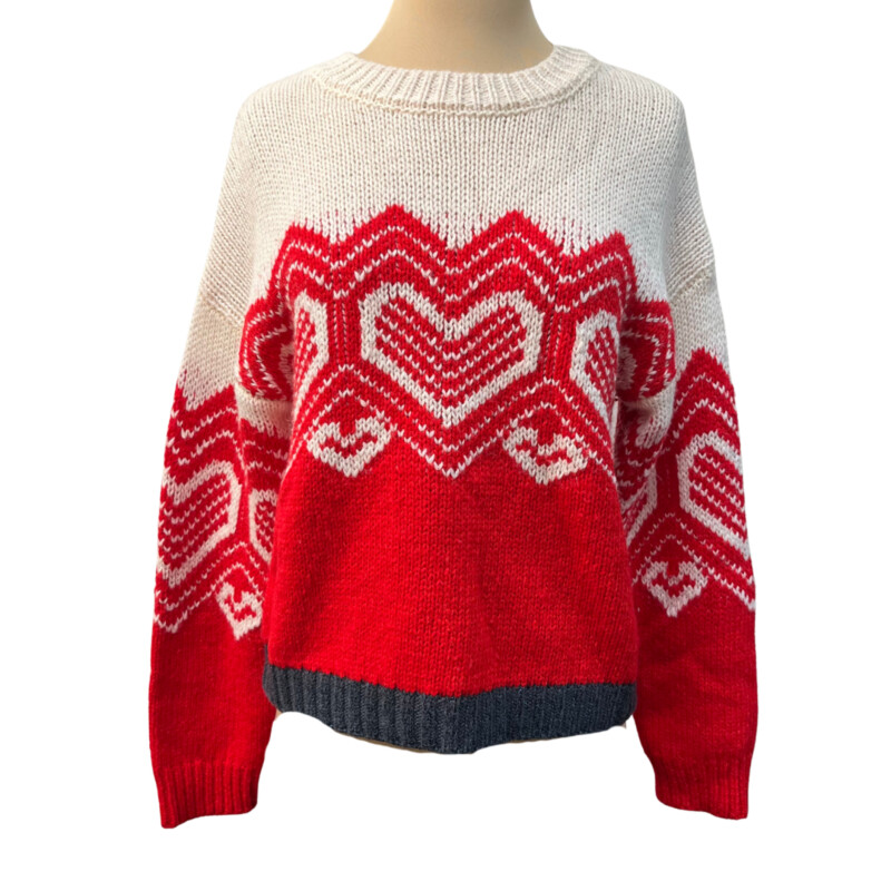 Philosophy Sweater<br />
Heart Knit that is Toooo Cute<br />
Wool Blend<br />
Colors:  Cream and Red<br />
Size: Small