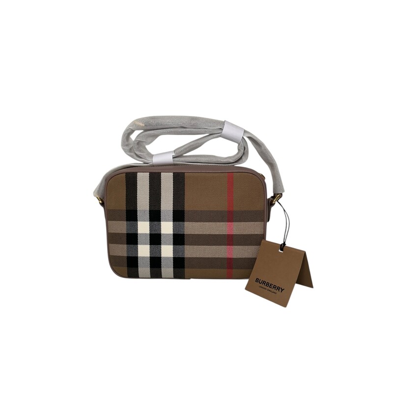 Burberry Large Check Camera Crossbody<br />
<br />
New With Tags<br />
<br />
Dimensions: 9 L x 6 H<br />
<br />
Comes with original dust bag but no box