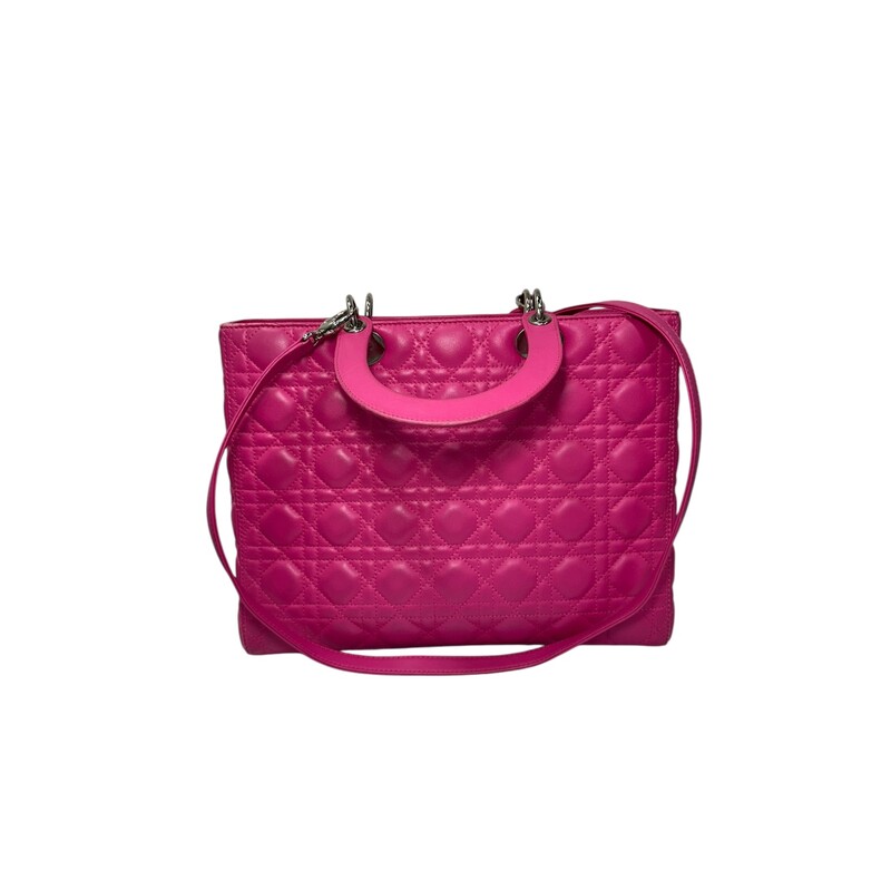 Dior Lady Cannage Pink Handbag<br />
<br />
Dimensions: 13 LX 9.5 H<br />
<br />
Code: 15-BO-0192<br />
<br />
Accessories: Comes with a detachable strap.<br />
<br />
In very good Condition: Some minor wears on corners of the bag.<br />
Does not come with original dust bagor box.