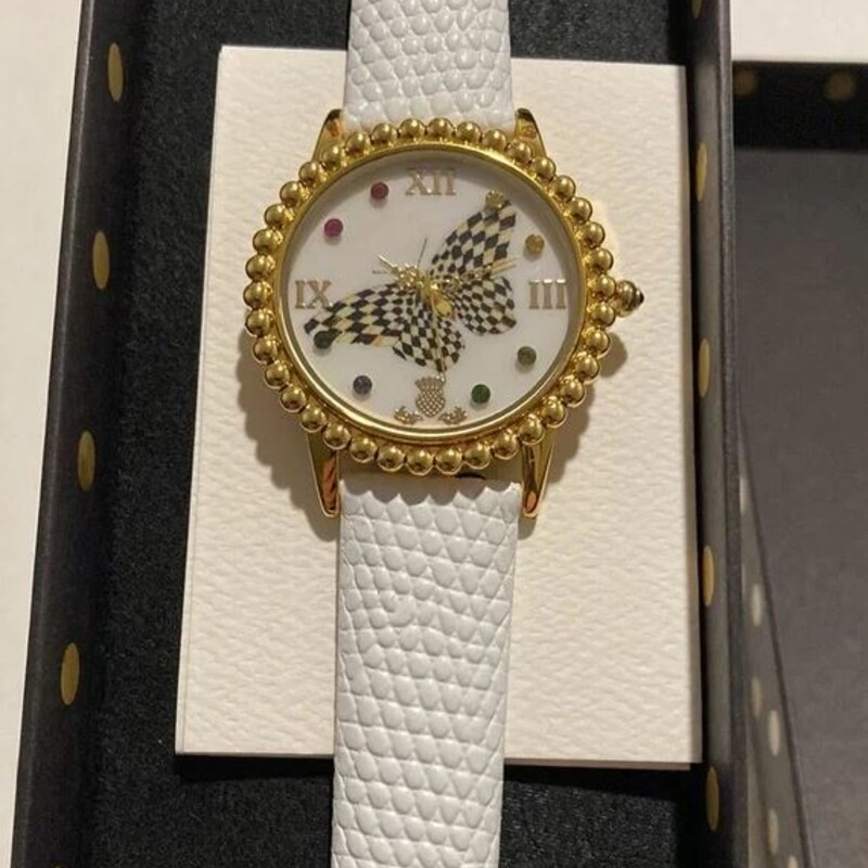 Mackenzie Childs Butterfly Courtly Check Watch<br />
White Gold Black Size: 9L<br />
Original box included