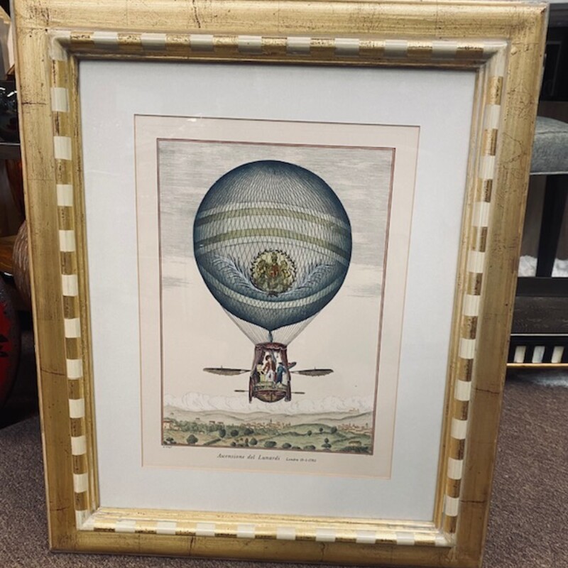 Vtg Hot Air Balloon Print
Gold Cream Blue in Gold Cream Striped Frame
Size: 21x26H
Coordinating Print Sold Separately