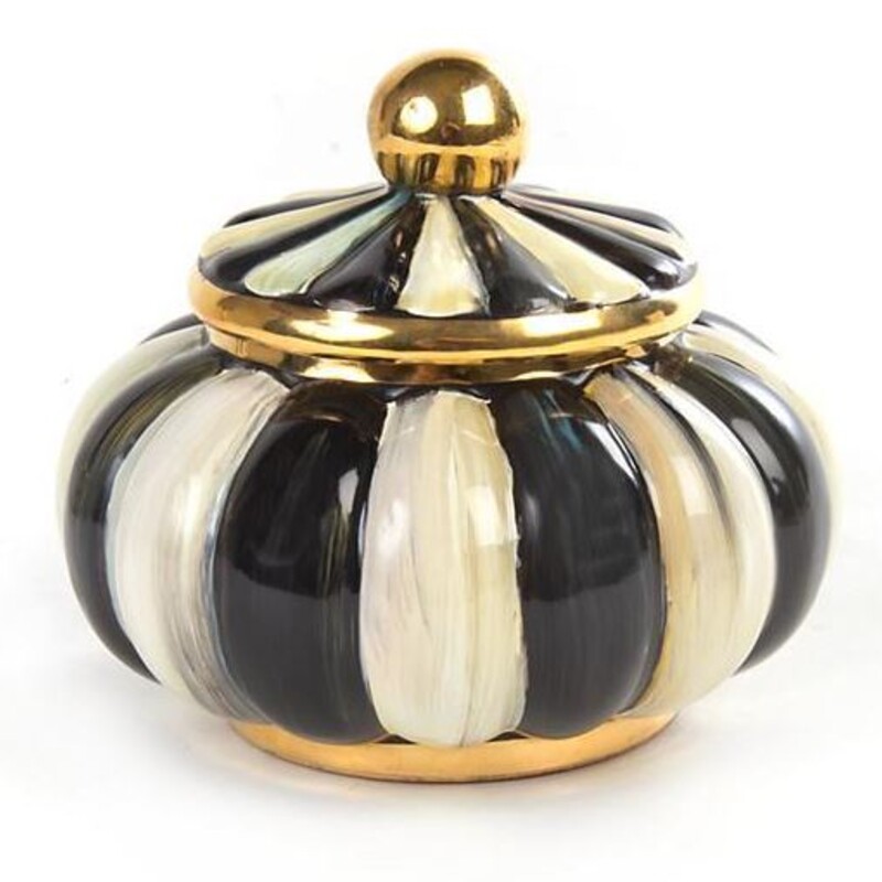 Mackenzie Childs Courtly Stripe Puff Box
Black White Gold Size: 6 x 4.5H
Matching box sold separately