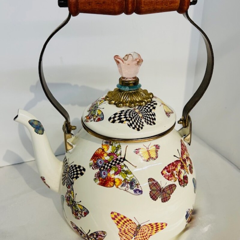 Mackenzie Childs Butterfly Tea Kettle
White Pink Silver Multicolored Size: 9 x 11H
As Is - small part of enamel is coming off on lid