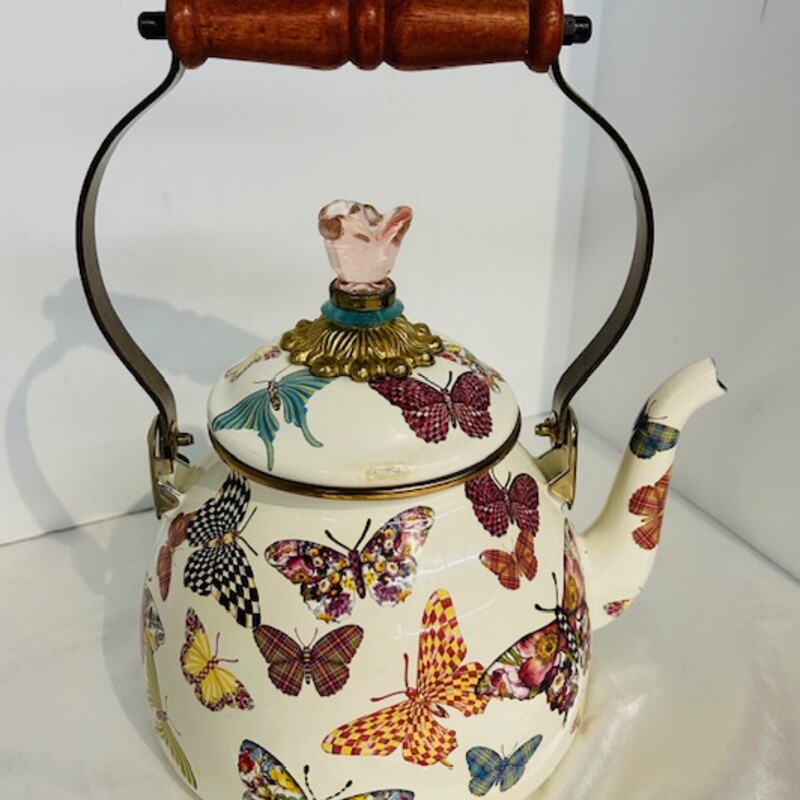 Mackenzie Childs Butterfly Tea Kettle
White Pink Silver Multicolored Size: 9 x 11H
As Is - small part of enamel is coming off on lid