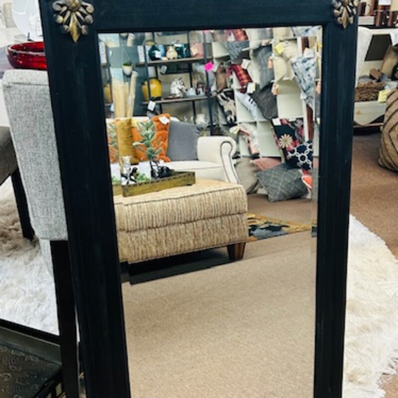 Scroll Trim Wood Mirror
Black with Gold Scroll Rosettes
Size: 27x2.5x45H