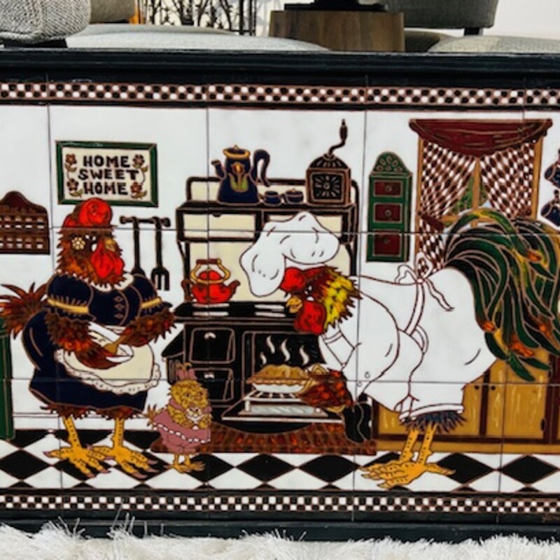 Roosters in Kitchen On Tile in Wood Frame
Black White Multicolored Size: 31 x 20H
As Is - bottom right corner of frame is separating
Very heavy