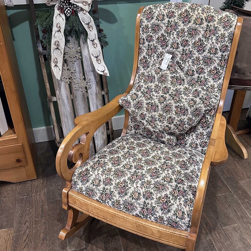 Reupholstered Oak Rocking Chair with Pillow
26 In Wide x 33 In Deep x 38 In Tall.