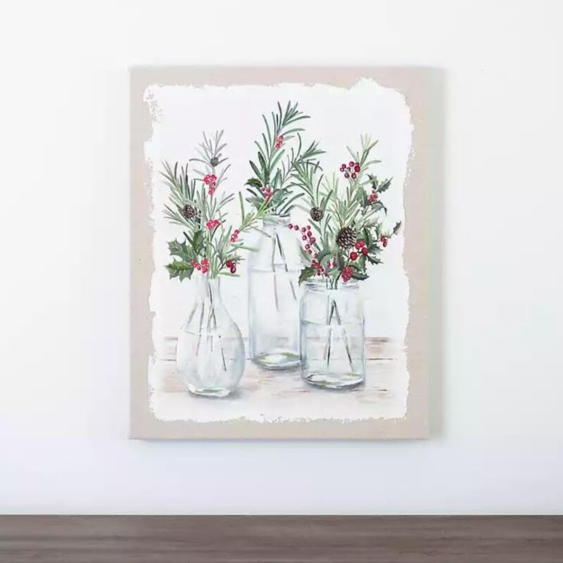 Holly Pinecone in Vases Canvas
Cream, Green, Red, Brown
Size: 16x20H