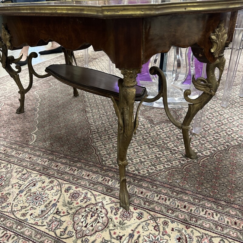 Antique Burl Wood Table, Brass Accents. Heavy!<br />
Size: 44x23x20