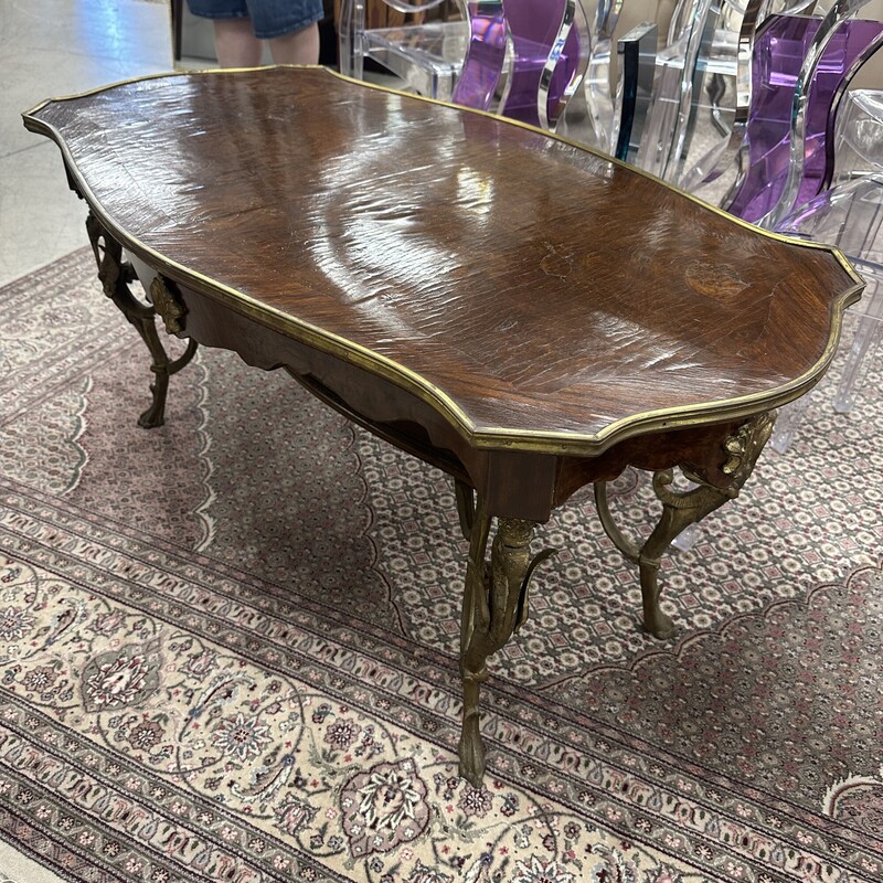 Antique Burl Wood Table, Brass Accents. Heavy!
Size: 44x23x20