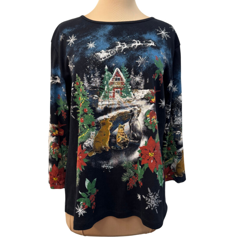 Jess&Jane Holiday Top<br />
Alpine House in The Snow<br />
Dog and cat Detail<br />
So Cute!<br />
Size: Medium