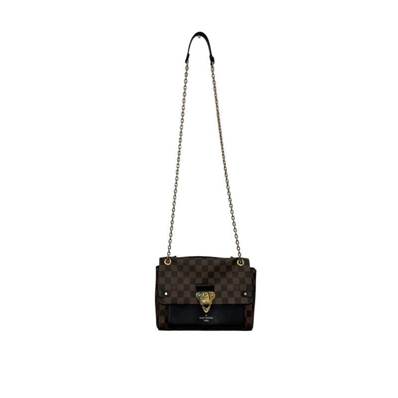 Louis Vuitton Vavin Damier Ebene Crossbody<br />
<br />
Date Code: Microchip comes with Entrupy Certificate<br />
<br />
Dimensions:<br />
10W x 7H x 3D<br />
11 handle drop<br />
13 strap drop<br />
<br />
In very good condition: minor scuff on black leather and some wear on hardware.<br />
<br />
Comes with original dust bag. No box.