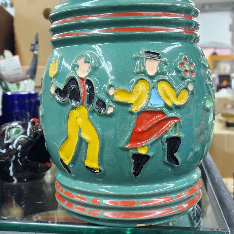 Vtg Red Wing Cookie Jar, Green Dancing Peasants, Size: W/Lid