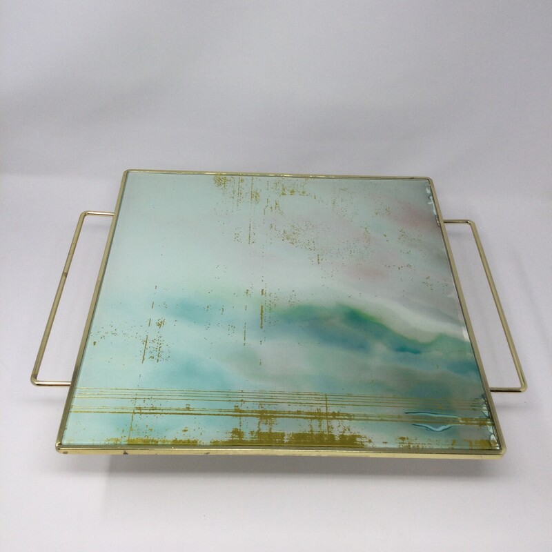 Gold & Glass Serving Tray,
Gold/Aqua,
Size: 13.75 X 13.75 In