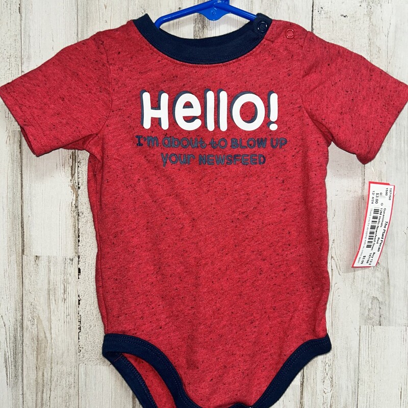 12M Hello Newsfeed Onesie, Red, Size: Boy 12-24m