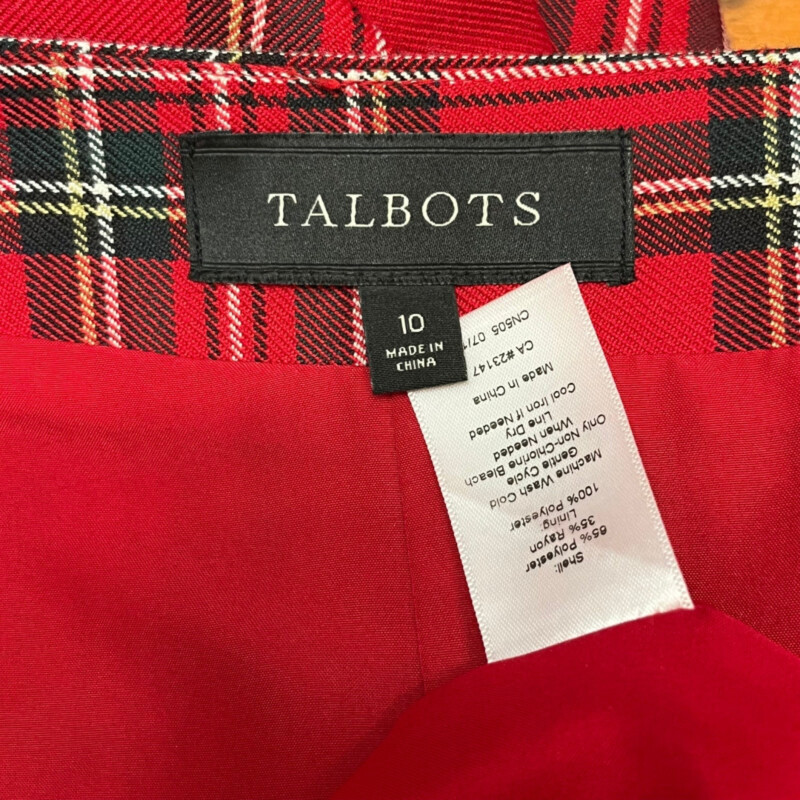 Talbots Plaid Skirt<br />
Fully Lined<br />
Colors: Red, Green, White and Yellow<br />
Size: 10