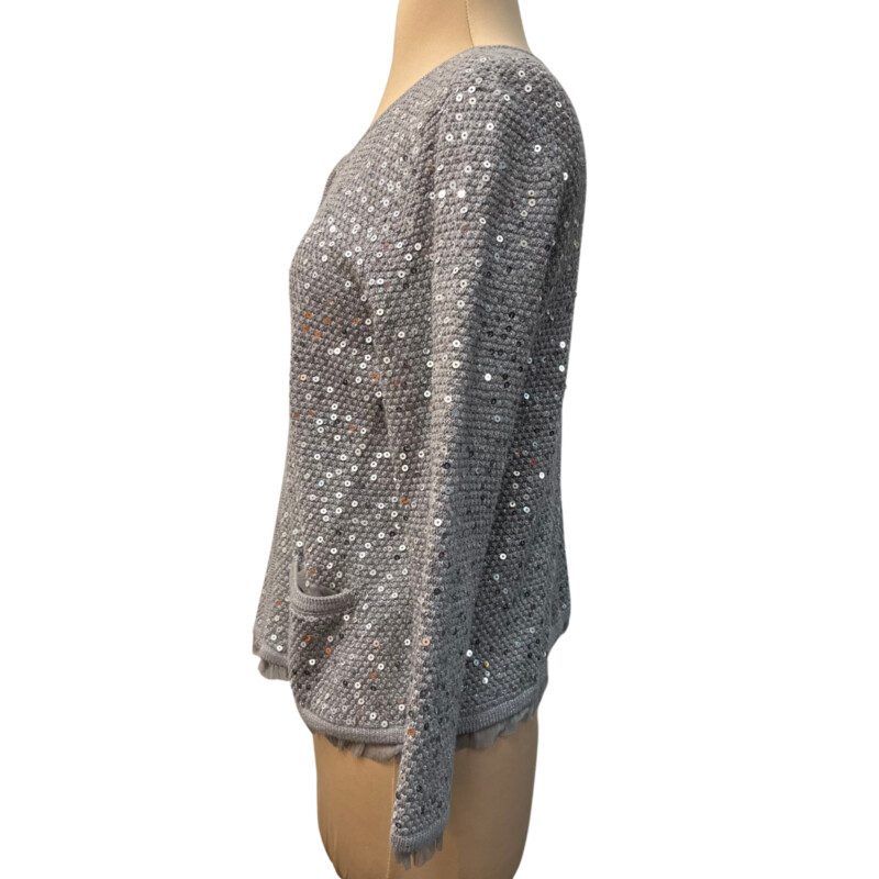 Chicos Zip Knit Cardigan<br />
Sequin Detail<br />
Sheer Ruffle Trim<br />
Silver and Gray<br />
Size: Medium