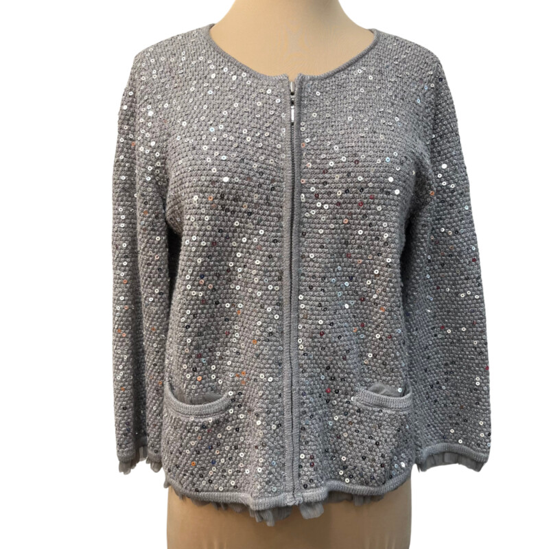 Chicos Zip Knit Cardigan<br />
Sequin Detail<br />
Sheer Ruffle Trim<br />
Silver and Gray<br />
Size: Medium