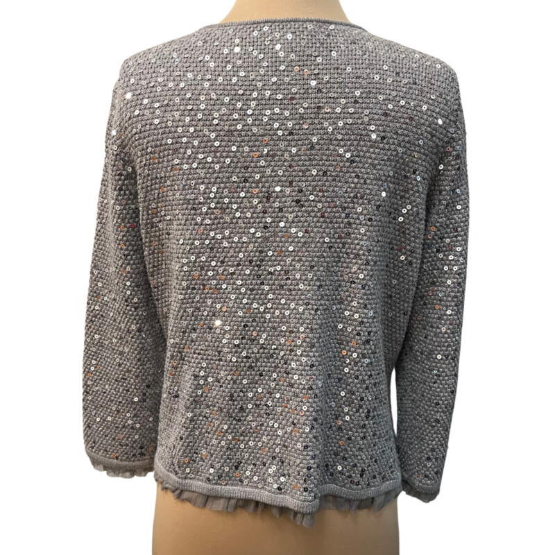 Chicos Zip Knit Cardigan<br />
Sequin Detail<br />
Sheer Ruffle Trim<br />
Silver and Gray<br />
Size: Medium