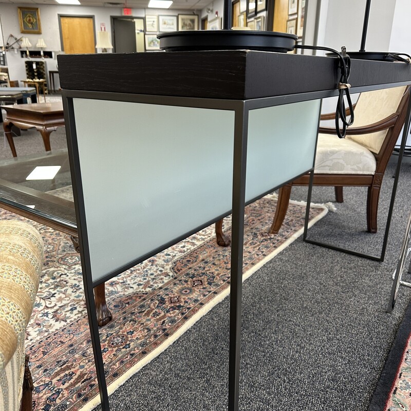 Long Console Table, Made in Italy. Metal with Frosted Glass-front.<br />
Size: 55x12x35