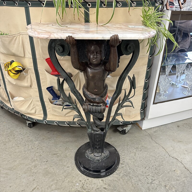 Bronze Cherub Base with Marble Top Table
Size: 29x17x36