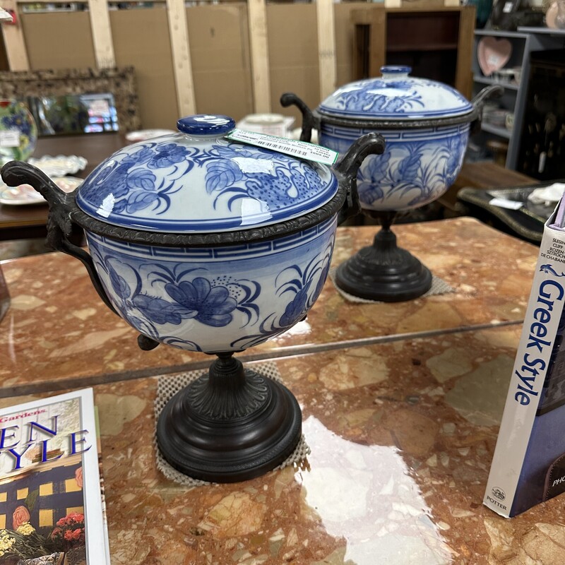 Two Maitland Smith Bronze urns, blue and white. Sold as a PAIR.
Size: 10in H