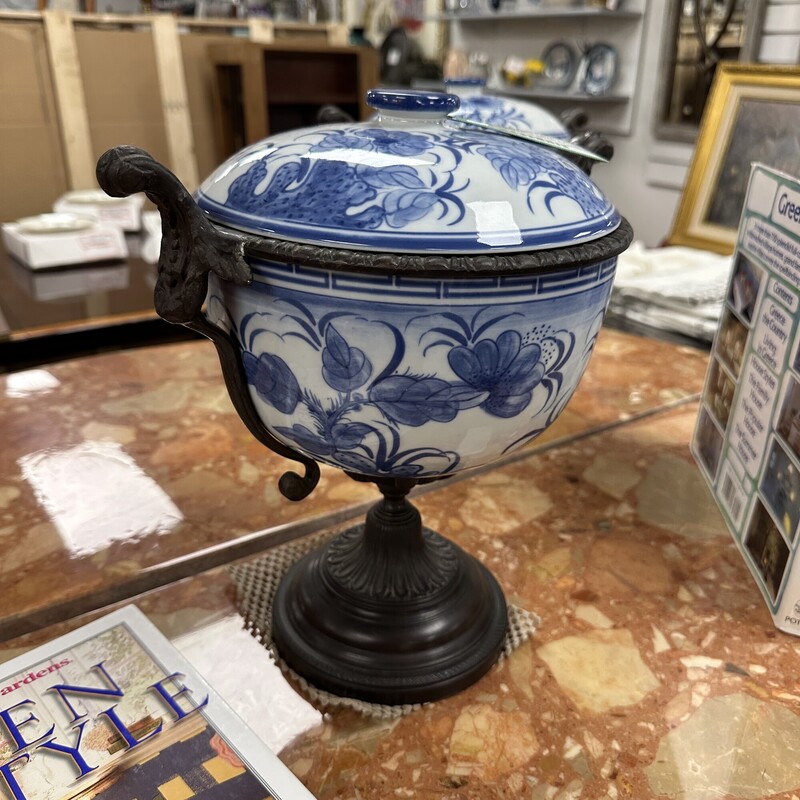 Two Maitland Smith Bronze urns, blue and white. Sold as a PAIR.
Size: 10in H