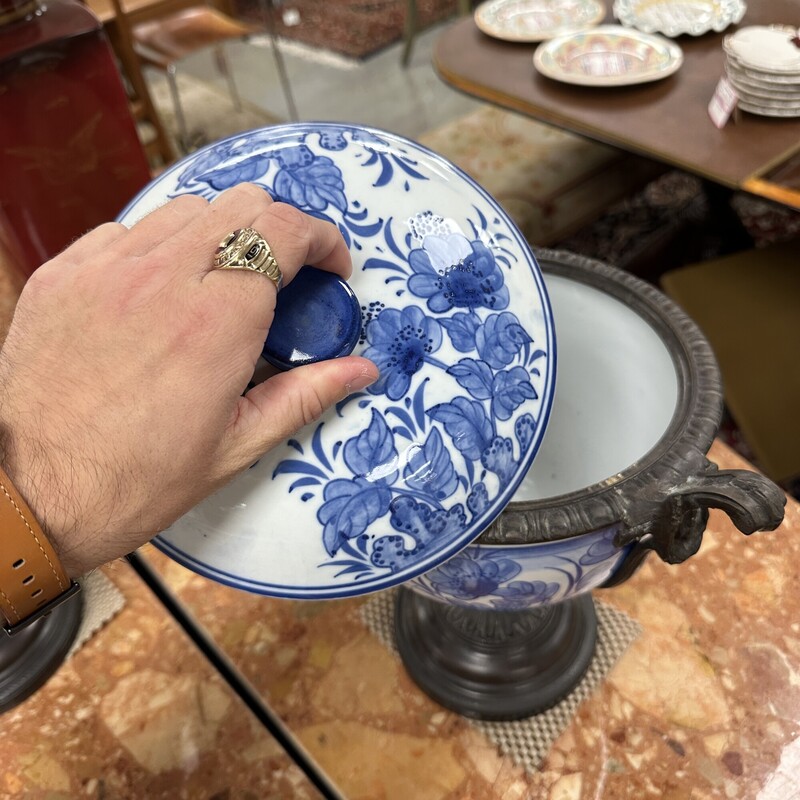 Two Maitland Smith Bronze urns, blue and white. Sold as a PAIR.
Size: 10in H