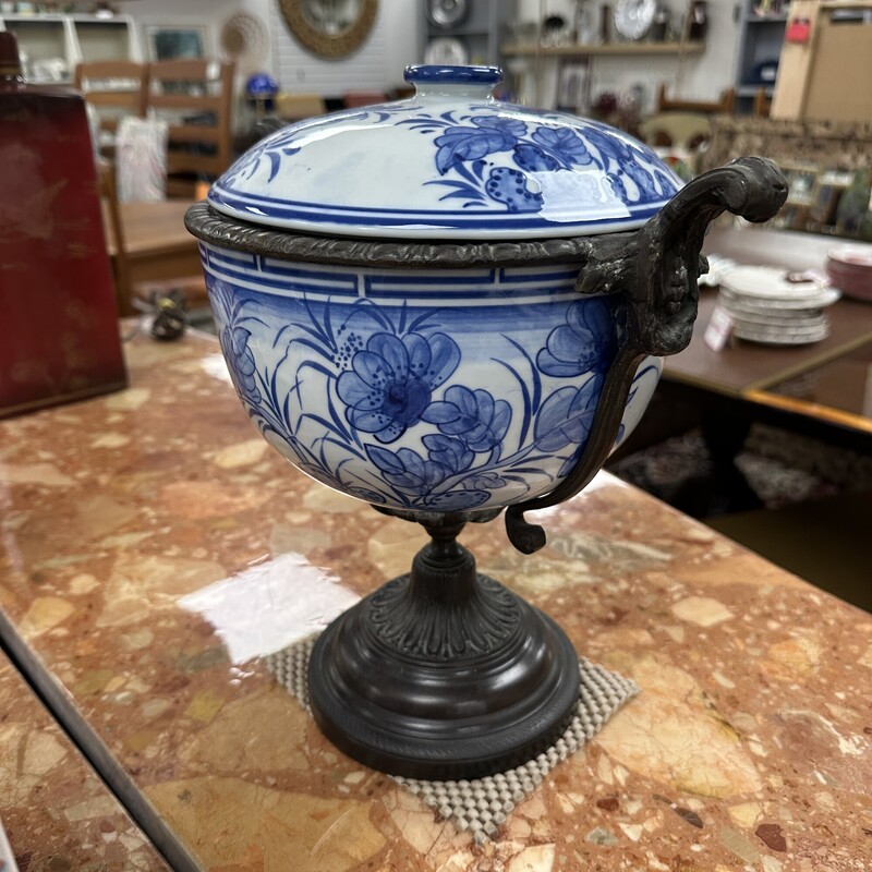 Two Maitland Smith Bronze urns, blue and white. Sold as a PAIR.
Size: 10in H