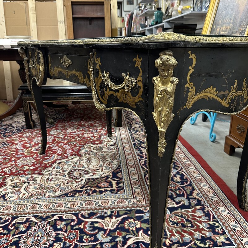 Ornate French Desk, Black with Glass Top and Brass Embellishments
Size: 51x28x30