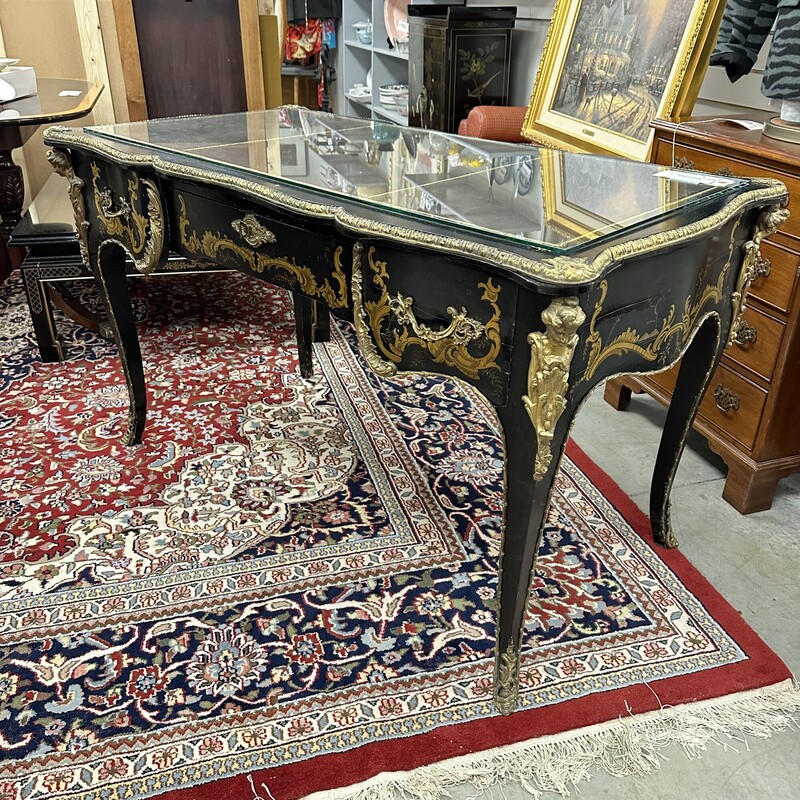 Ornate French Desk, Black with Glass Top and Brass Embellishments
Size: 51x28x30