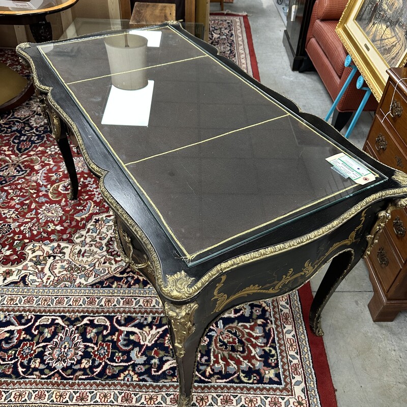 Ornate French Desk, Black with Glass Top and Brass Embellishments<br />
Size: 51x28x30