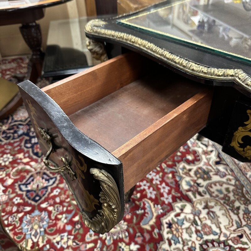 Ornate French Desk, Black with Glass Top and Brass Embellishments<br />
Size: 51x28x30