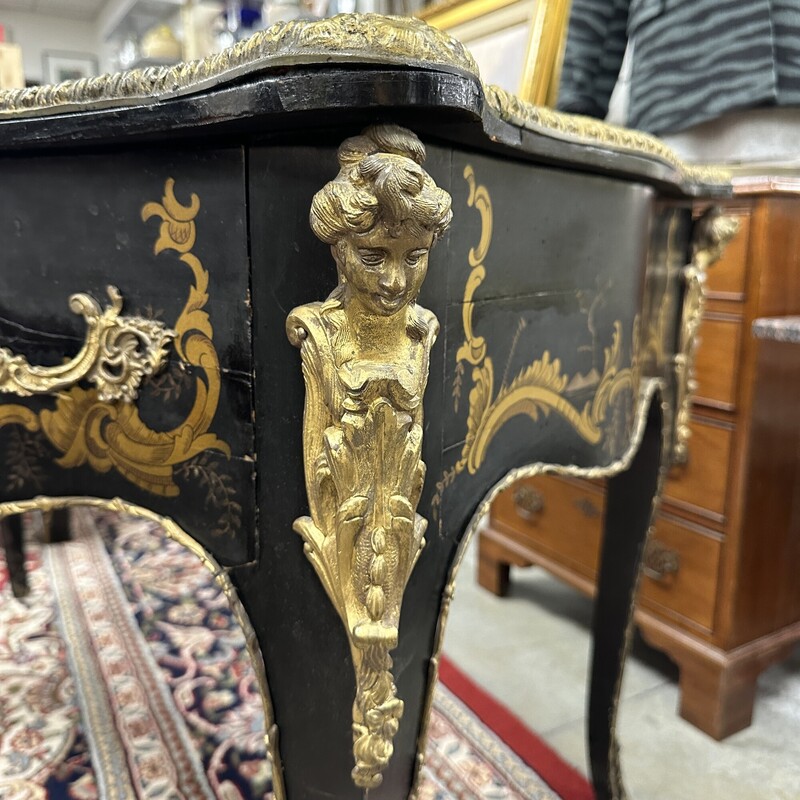 Ornate French Desk, Black with Glass Top and Brass Embellishments
Size: 51x28x30