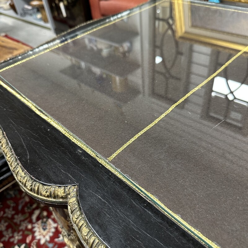 Ornate French Desk, Black with Glass Top and Brass Embellishments<br />
Size: 51x28x30