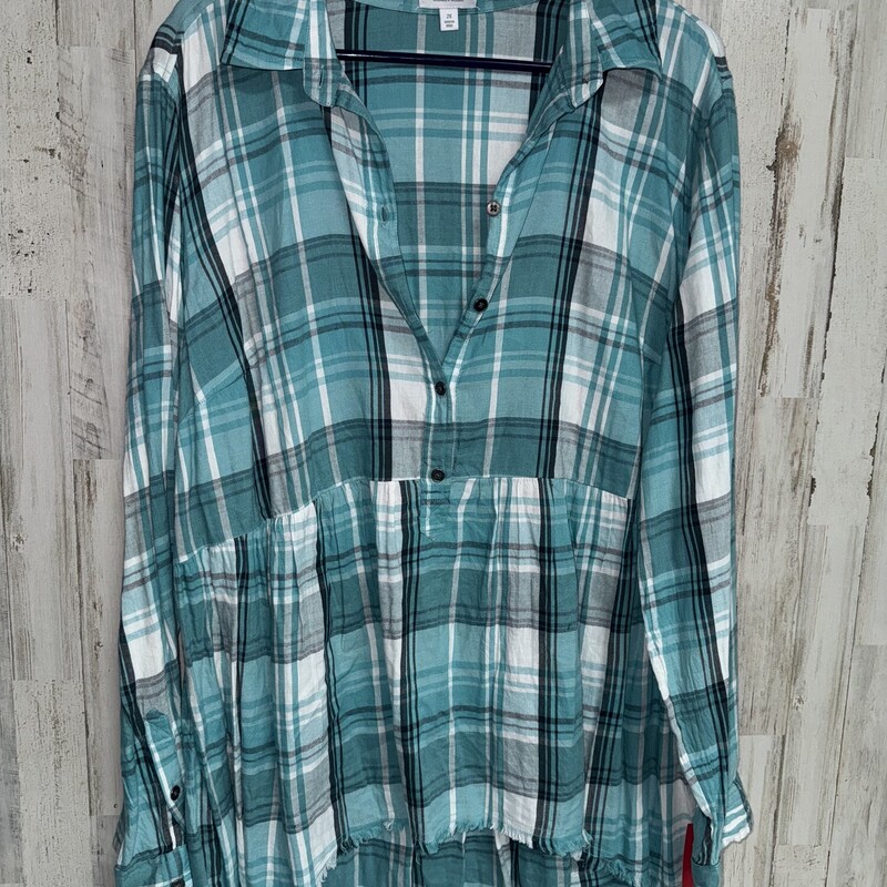 2X Teal Plaid Fray Top, Teal, Size: Ladies 2X