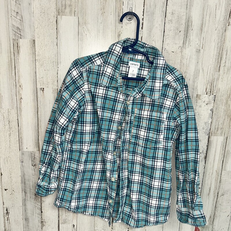 7 Teal Plaid Button Up, Teal, Size: Boy 5-8