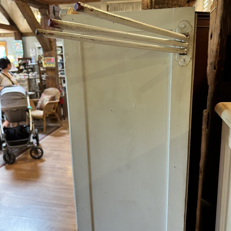 Ant. Art Deco Cupboard,
 Size: 65 X 31 X 12
White antique period cupboard with black detailing on glass. 3 moving towel bars on the side.
This is a great piece!