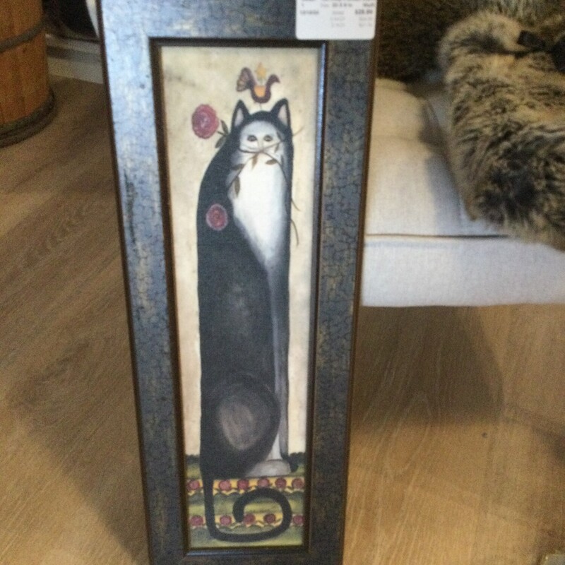 Tall Kitty Framed Wall Art with Flowers,
Multi,
Size: 23 X 8 In