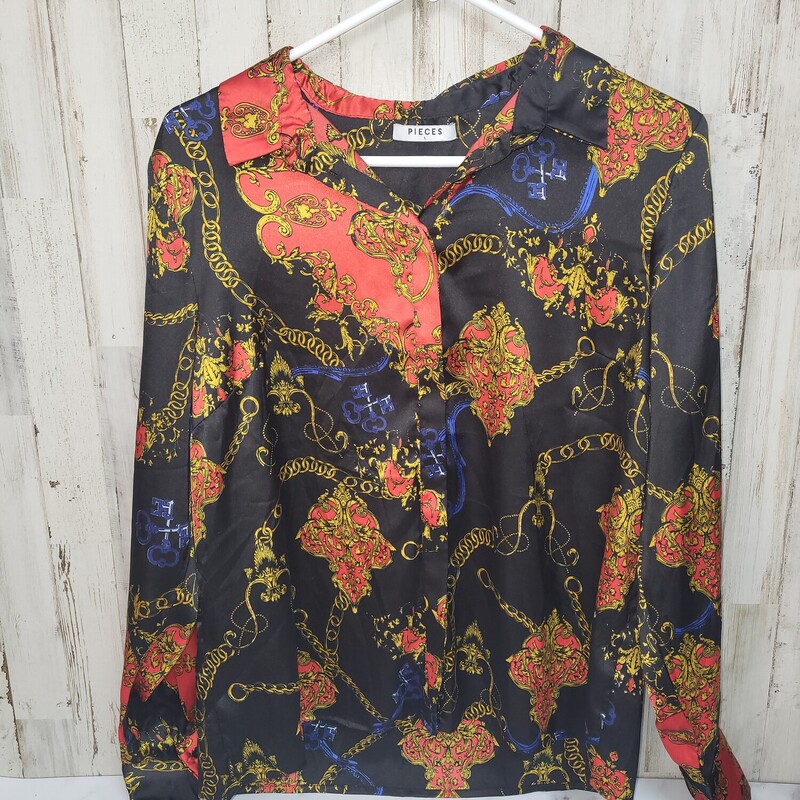 L Black Printed Satin Top