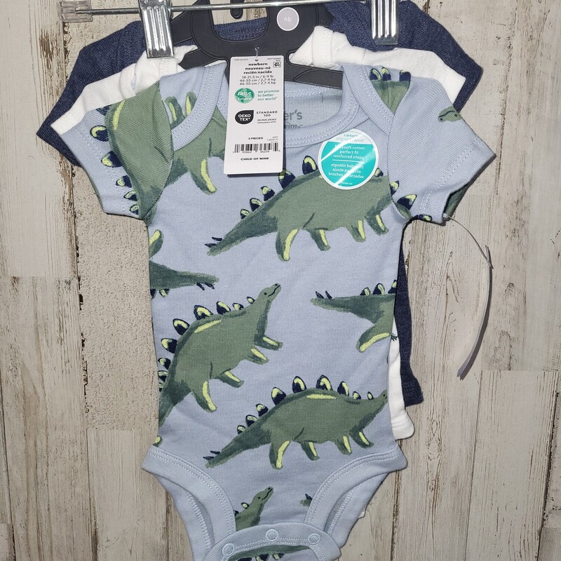 NB 3pk Blue Dino Onesies, Blue, Size: Boy 0-9m