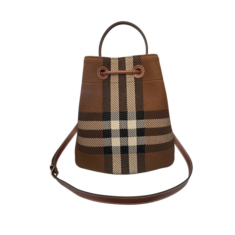 Burberry TB Brown Small Knit Check<br />
<br />
Material: fabric with leather trim<br />
Interior Material: Canvas Plain<br />
Hardware Color: Gold<br />
<br />
Place of Origin: UK<br />
<br />
Product Features:<br />
Removable Strap<br />
Adjustable Strap<br />
Drawstring Closure<br />
<br />
Condition: Like new.<br />
Accessories: Dust Bag,<br />
Measurements: Height 11, Width 10.5, Depth 6.5<br />
<br />
Serial #TIVITP1262